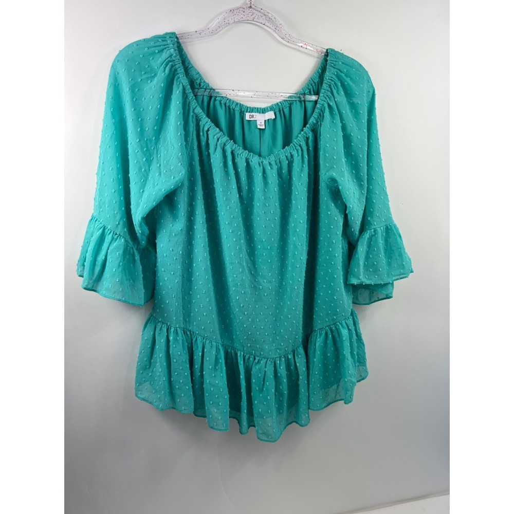 DR2 Top Women's Size M Green Semi-Sheer Lined‎ 3/4 With Bell Elastic Neck